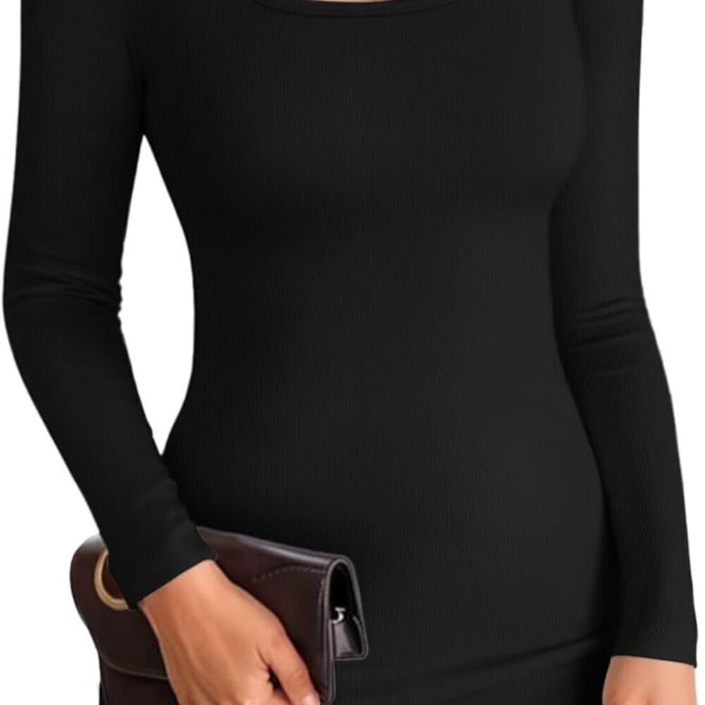 Women Ribbed Knit Square Neck Bodycon Dress Long Sleeve Mini Above Knee